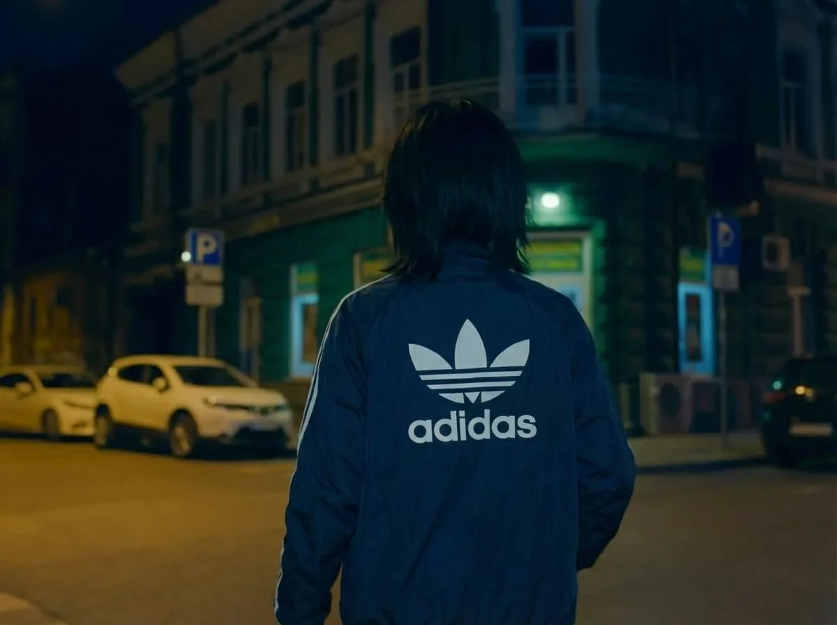 Night street seen from behind a figure in a navy adidas jacket, the trefoil across the back, facing a lit corner building with parked cars.