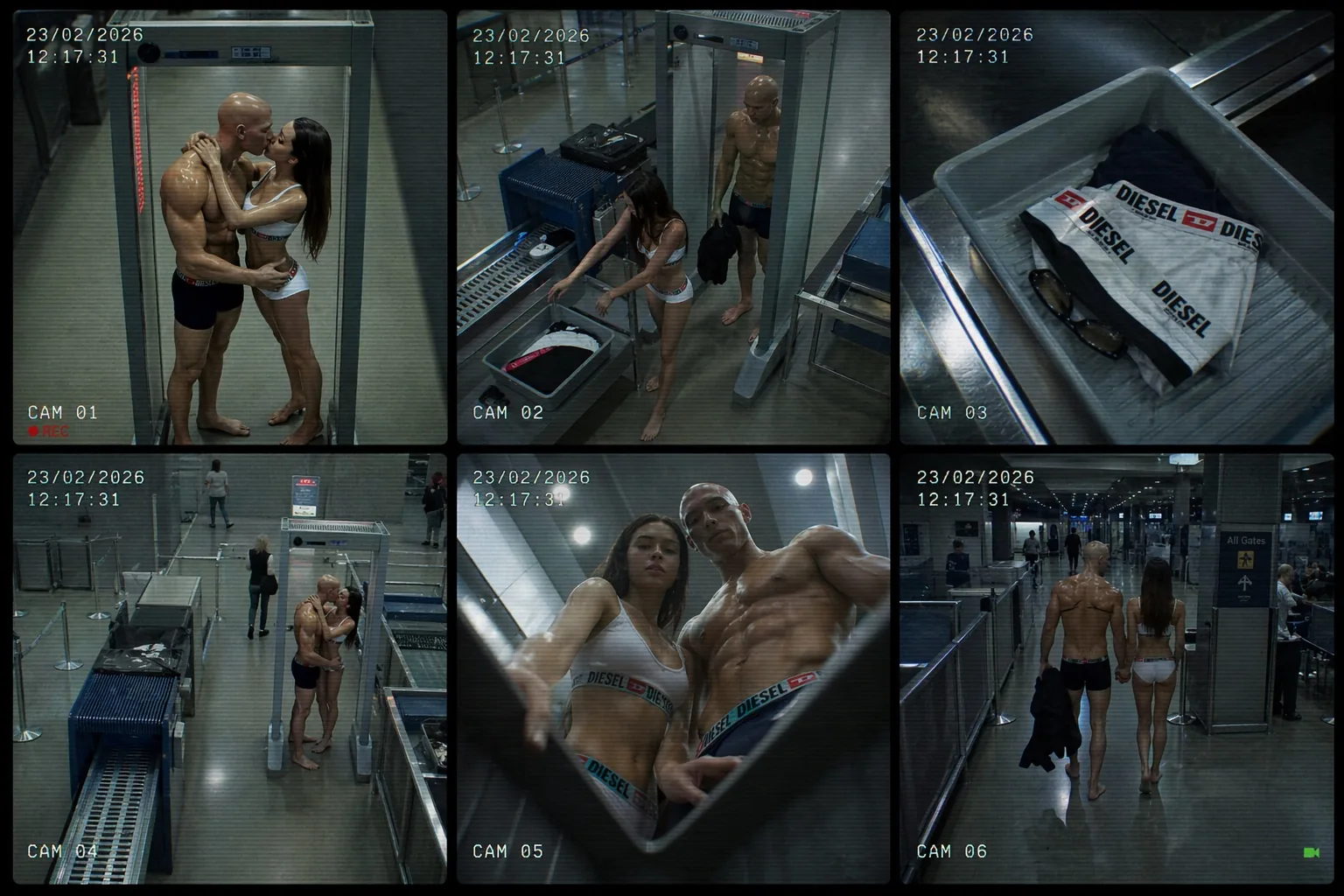 Six-panel CCTV contact sheet timestamped 23/02/2026 showing two models stripped to Diesel underwear passing a metal detector, their clothes in a screening tray.