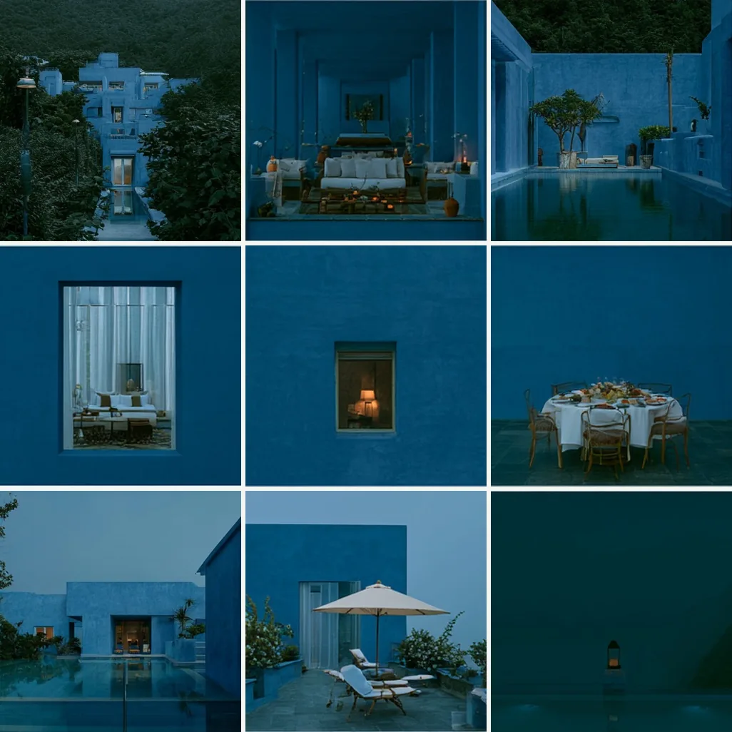 Three-by-three grid of blue-hour resort frames moving from the hillside approach and pool terrace to lit windows, a laid dinner table and a single lantern.