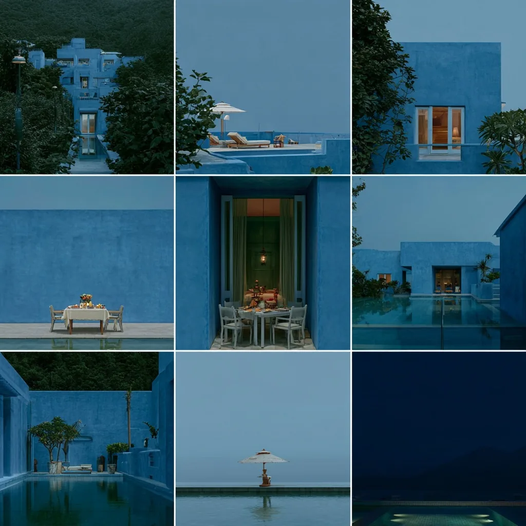 Alternate three-by-three grid of the same blue resort with sea-facing terraces, a table set against a blank wall, and a parasol standing in still water.