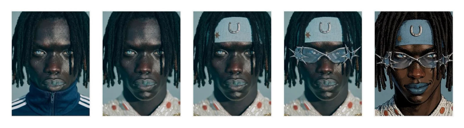 Five portraits of the same model in sequence, each adding one element: a track top, a patterned shirt, a horseshoe headband, star-spiked chrome eyewear, and finally the completed illustrated look.