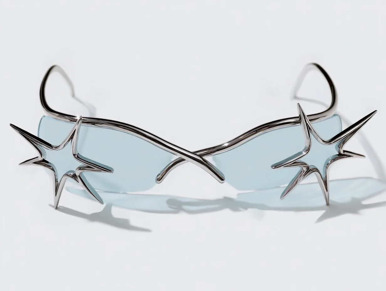 Product shot of sculptural chrome eyewear with pale blue lenses and star-shaped spikes at each temple, resting on a white surface.