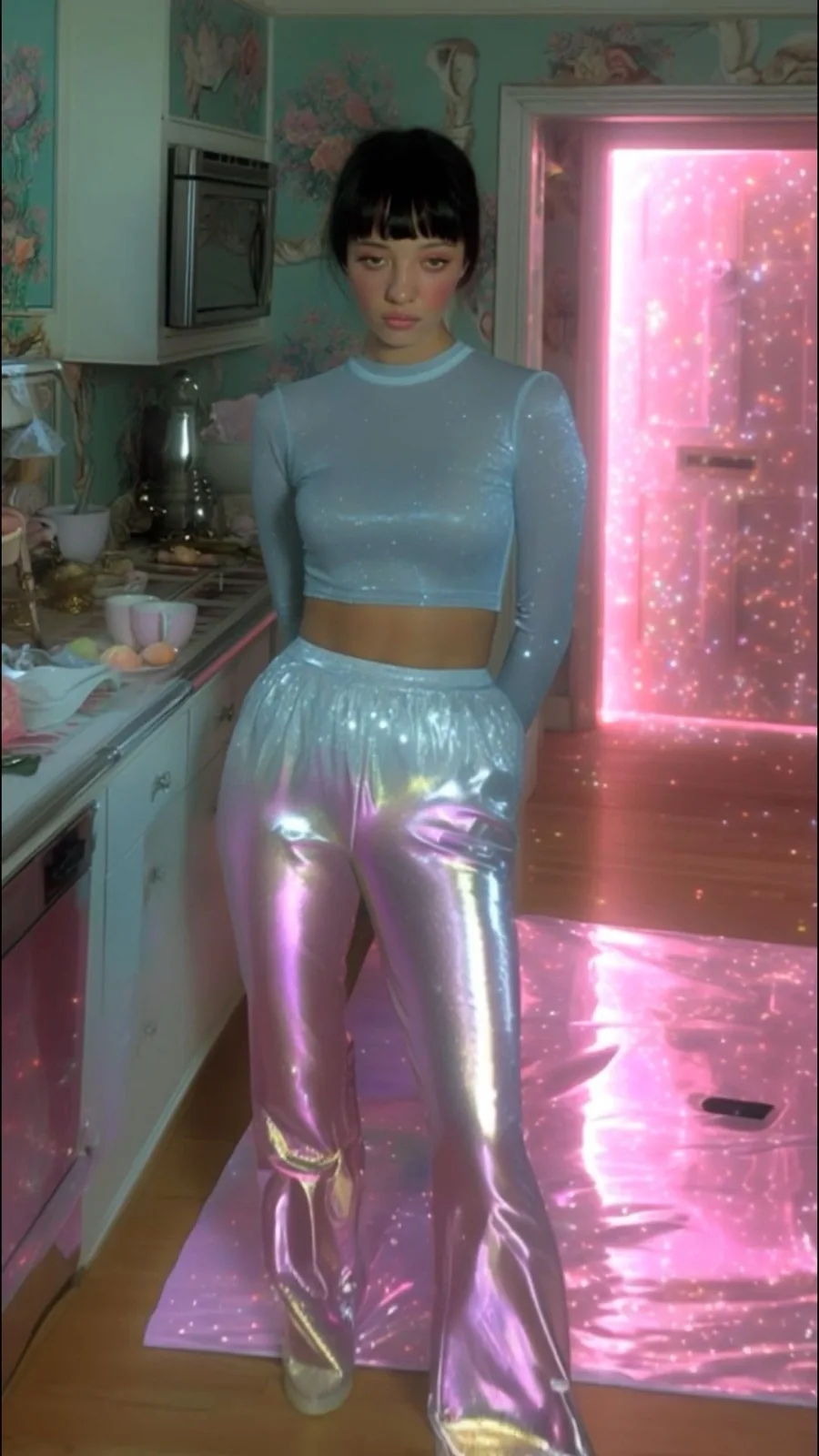 A young woman with a black blunt fringe standing in a mint-green floral kitchen wearing a glitter crop top and iridescent silver flared trousers, a pink glowing doorway behind her.