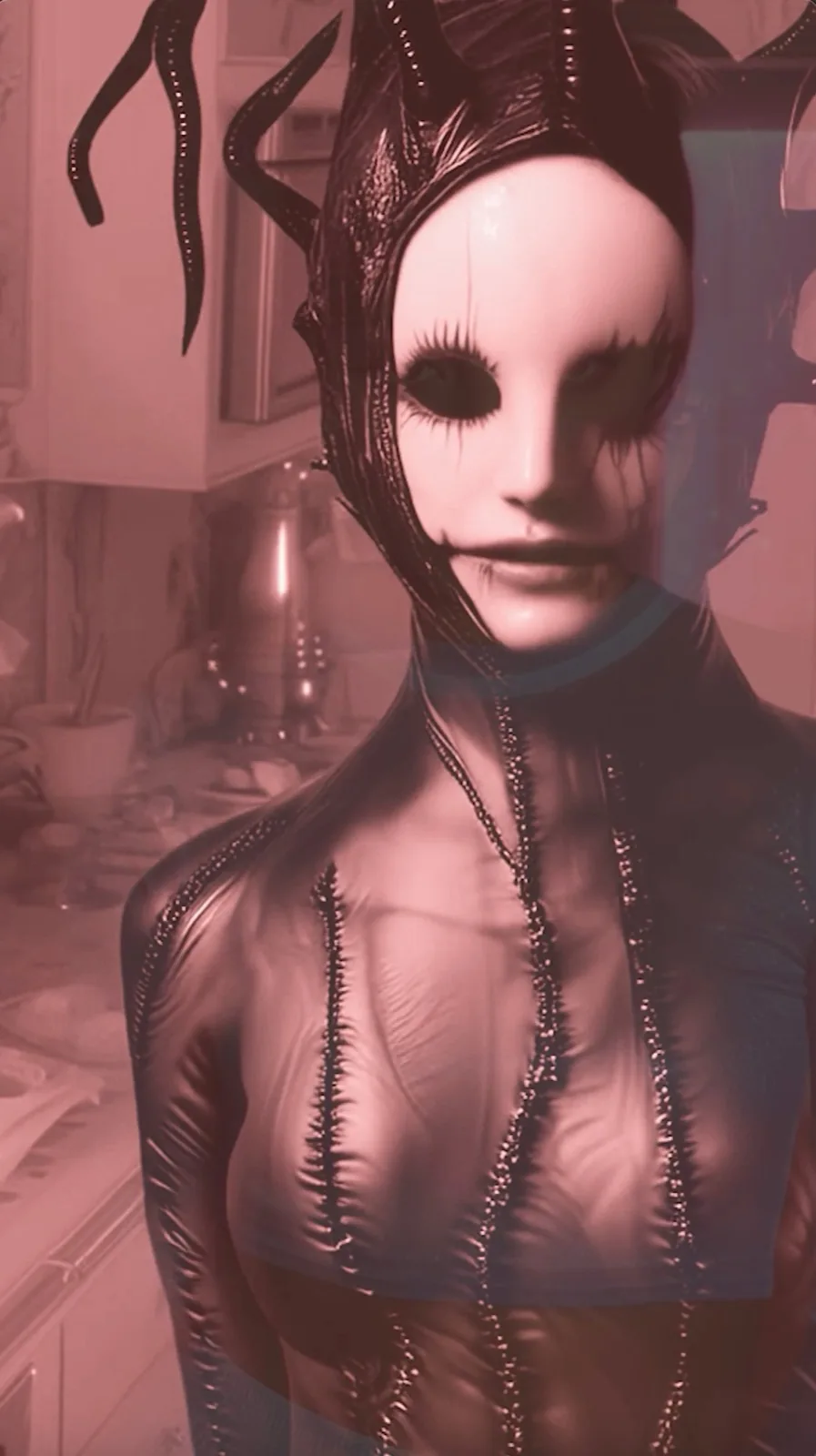 Close portrait of the masked figure, pale seamed face with blacked-out eyes and antler-like horns, against a rose-tinted kitchen.