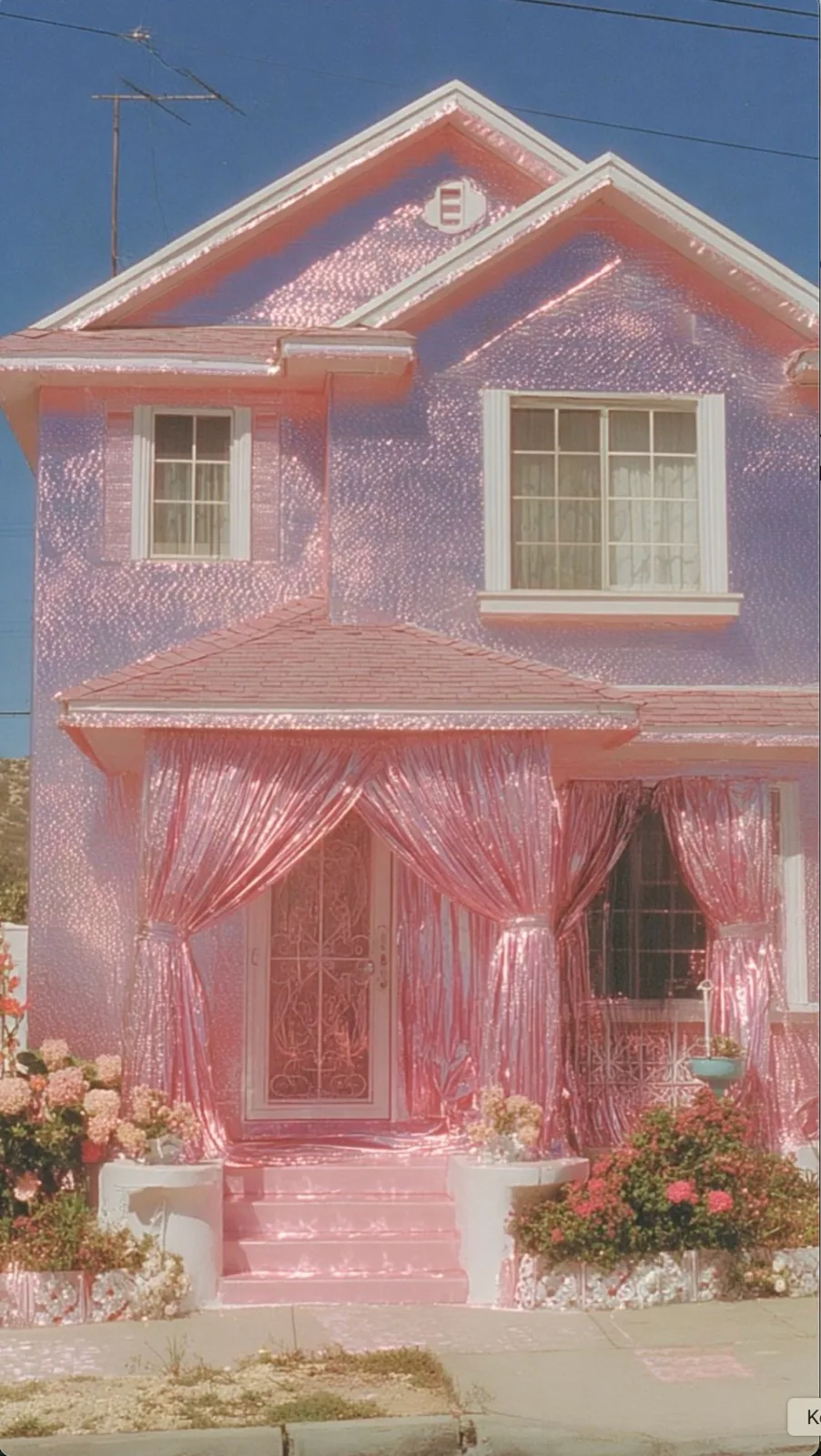 A two-storey house wrapped entirely in glittering pink foil and sequin curtains, with pink steps, pink planters and flowers, under a clear blue sky.