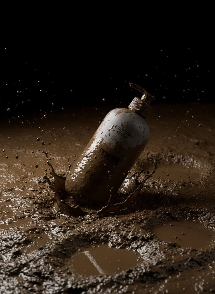 The same bottle half-buried at an angle in a shallow pool of mud, lit from above against black.