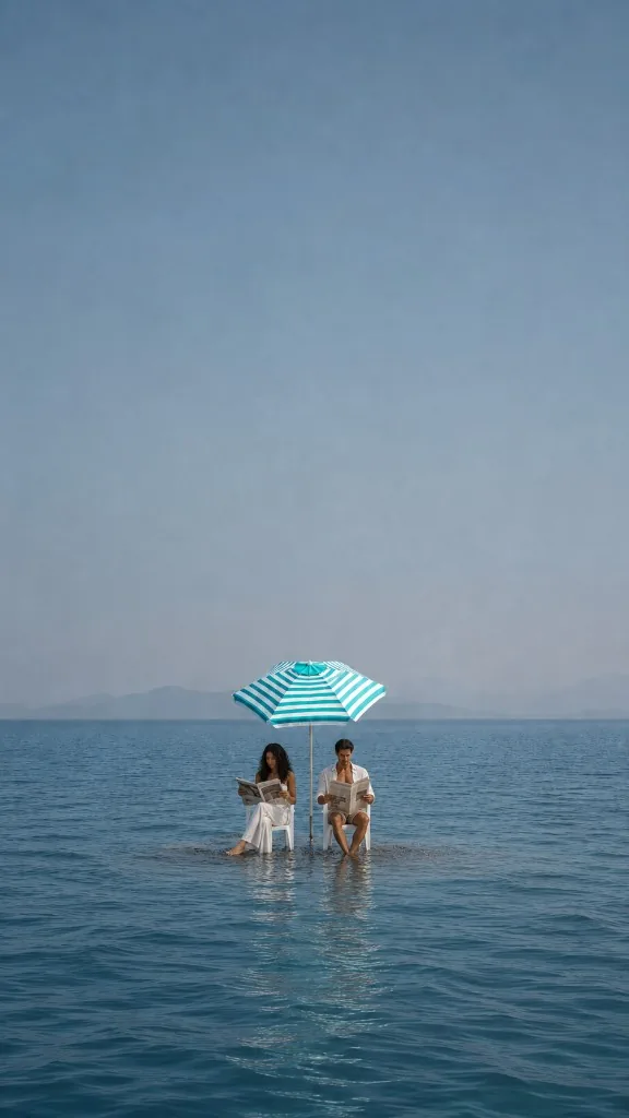A turquoise-and-white striped beach umbrella standing in shallow open sea, sheltering two people in white who sit on plastic chairs reading newspapers, with distant hills on the horizon.
