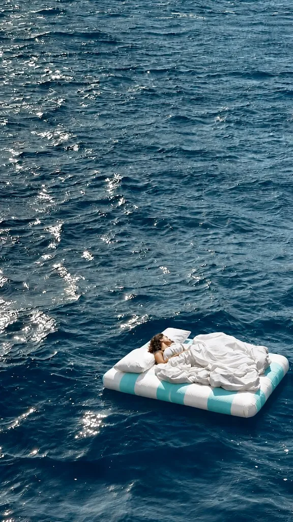Overhead view of a turquoise-and-white striped floating mattress adrift on deep blue water, a woman asleep under white bedding at one end.
