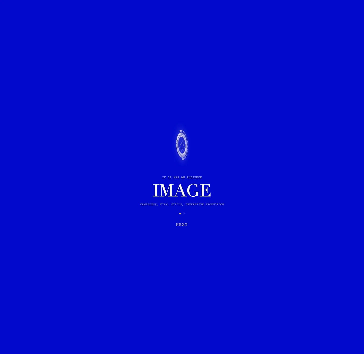The intro briefing on a royal blue field, teaching one rule at a time: if it has an audience, Image, with campaigns, film, stills and generative production listed beneath.