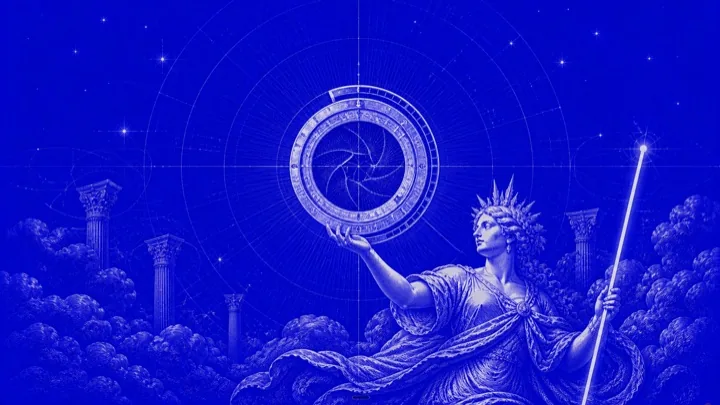 Landscape engraving in electric blue of a robed goddess holding an astrolabe whose centre is a camera aperture, with ruined Corinthian columns and clouds beneath a star field.