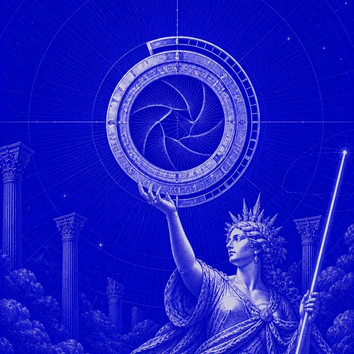 The same engraving in a square frame, cropped close on the astrolabe and the goddess reaching up to it.