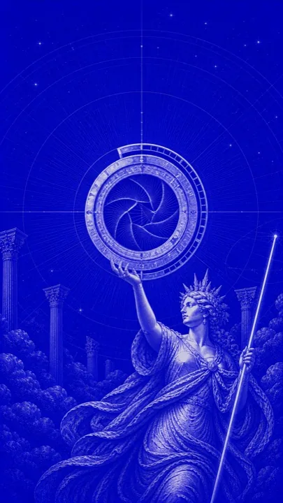 The same engraving composed vertically, the astrolabe high in the frame and the goddess rising from the clouds below it.
